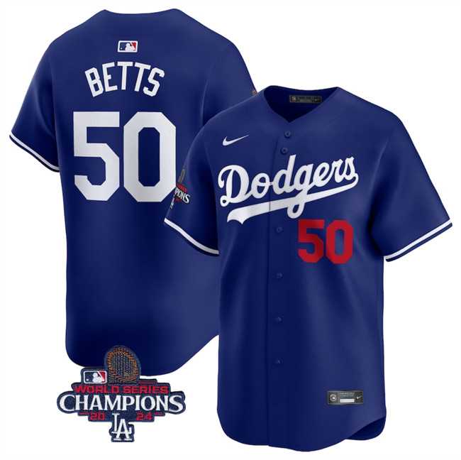 Mens Los Angeles Dodgers #50 Mookie Betts Royal 2024 World Series Champions Alternate Limited Stitched Baseball Jersey